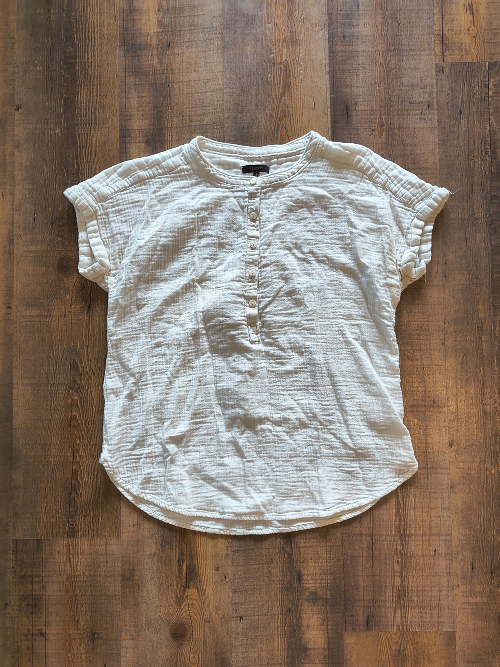 Quince Light Cream White Short Sleeved Button Front Cotton Office Blouse Size S